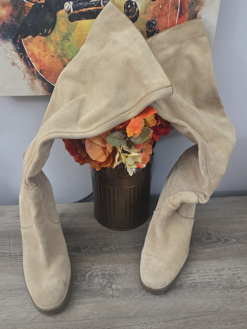 Calvin Klein Beige Suede Heeled Knee-High Boots